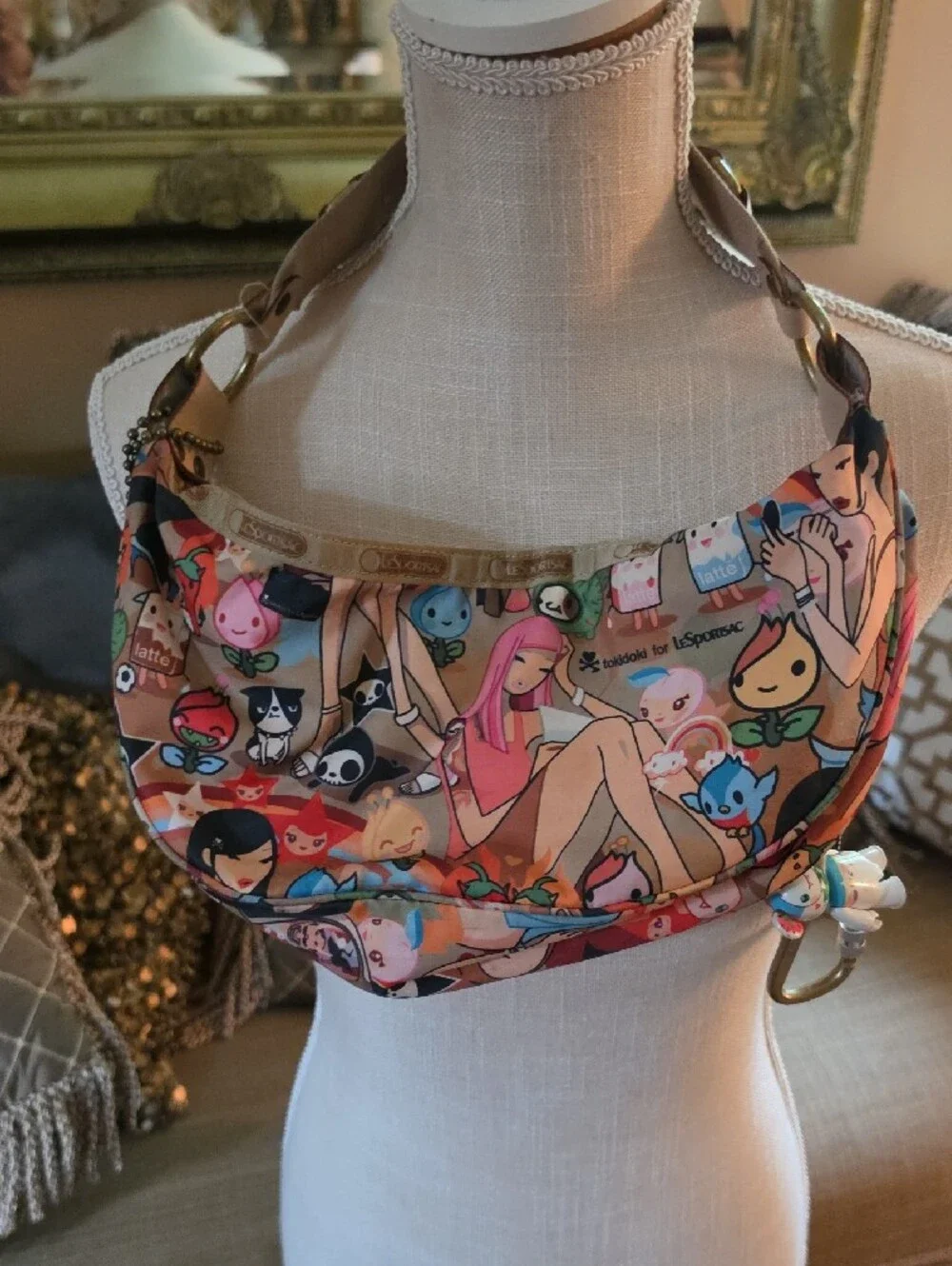 Lesportsac Multicolor Character Print Shoulder Bag with Tan Strap - Picture 3 of 3
